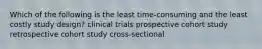 Which of the following is the least time-consuming and the least costly study design? clinical trials prospective cohort study retrospective cohort study cross-sectional