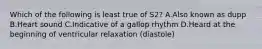 Which of the following is least true of S2? A.Also known as dupp B.Heart sound C.Indicative of a gallop rhythm D.Heard at the beginning of ventricular relaxation (diastole)