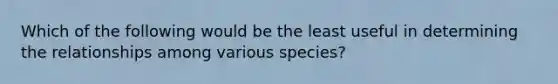 Which of the following would be the least useful in determining the relationships among various species?