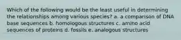 Which of the following would be the least useful in determining the relationships among various species? a. a comparison of DNA base sequences b. homologous structures c. amino acid sequences of proteins d. fossils e. analogous structures