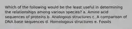 Which of the following would be the least useful in determining the relationships among various species? a. Amino acid sequences of proteins b. Analogous structures c. A comparison of DNA base sequences d. Homologous structures e. Fossils