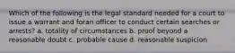 Which of the following is the legal standard needed for a court to issue a warrant and foran officer to conduct certain searches or arrests? a. totality of circumstances b. proof beyond a reasonable doubt c. probable cause d. reasonable suspicion