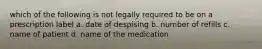 which of the following is not legally required to be on a prescription label a. date of despising b. number of refills c. name of patient d. name of the medication