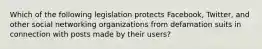 Which of the following legislation protects Facebook, Twitter, and other social networking organizations from defamation suits in connection with posts made by their users?