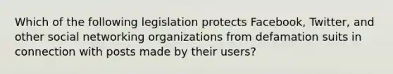 Which of the following legislation protects Facebook, Twitter, and other social networking organizations from defamation suits in connection with posts made by their users?