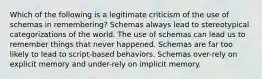 Which of the following is a legitimate criticism of the use of schemas in remembering? Schemas always lead to stereotypical categorizations of the world. The use of schemas can lead us to remember things that never happened. Schemas are far too likely to lead to script-based behaviors. Schemas over-rely on explicit memory and under-rely on implicit memory.