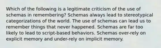 Which of the following is a legitimate criticism of the use of schemas in remembering? Schemas always lead to stereotypical categorizations of the world. The use of schemas can lead us to remember things that never happened. Schemas are far too likely to lead to script-based behaviors. Schemas over-rely on explicit memory and under-rely on implicit memory.