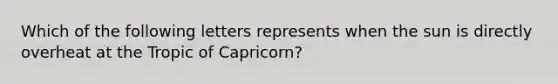 Which of the following letters represents when the sun is directly overheat at the Tropic of Capricorn?