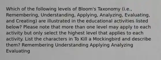 Which of the following levels of Bloom's Taxonomy (i.e., Remembering, Understanding, Applying, Analyzing, Evaluating, and Creating) are illustrated in the educational activities listed below? Please note that more than one level may apply to each activity but only select the highest level that applies to each activity. List the characters in To Kill a Mockingbird and describe them? Remembering Understanding Applying Analyzing Evaluating