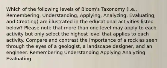 Which of the following levels of Bloom's Taxonomy (i.e., Remembering, Understanding, Applying, Analyzing, Evaluating, and Creating) are illustrated in the educational activities listed below? Please note that more than one level may apply to each activity but only select the highest level that applies to each activity. Compare and contrast the importance of a rock as seen through the eyes of a geologist, a landscape designer, and an engineer. Remembering Understanding Applying Analyzing Evaluating