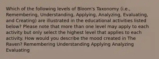 Which of the following levels of Bloom's Taxonomy (i.e., Remembering, Understanding, Applying, Analyzing, Evaluating, and Creating) are illustrated in the educational activities listed below? Please note that more than one level may apply to each activity but only select the highest level that applies to each activity. How would you describe the mood created in The Raven? Remembering Understanding Applying Analyzing Evaluating