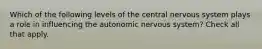Which of the following levels of the central nervous system plays a role in influencing the autonomic nervous system? Check all that apply.