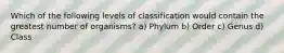 Which of the following levels of classification would contain the greatest number of organisms? a) Phylum b) Order c) Genus d) Class