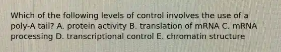 Which of the following levels of control involves the use of a poly-A tail? A. protein activity B. translation of mRNA C. mRNA processing D. transcriptional control E. chromatin structure