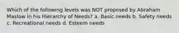 Which of the following levels was NOT proposed by Abraham Maslow in his Hierarchy of Needs? a. Basic needs b. Safety needs c. Recreational needs d. Esteem needs