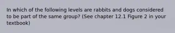 In which of the following levels are rabbits and dogs considered to be part of the same group? (See chapter 12.1 Figure 2 in your textbook)