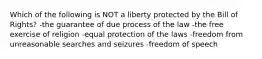 Which of the following is NOT a liberty protected by the Bill of Rights? -the guarantee of due process of the law -the free exercise of religion -equal protection of the laws -freedom from unreasonable searches and seizures -freedom of speech