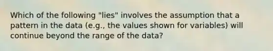 Which of the following "lies" involves the assumption that a pattern in the data (e.g., the values shown for variables) will continue beyond the range of the data?