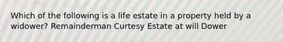 Which of the following is a life estate in a property held by a widower? Remainderman Curtesy Estate at will Dower