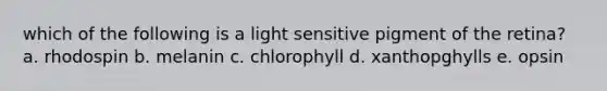 which of the following is a light sensitive pigment of the retina? a. rhodospin b. melanin c. chlorophyll d. xanthopghylls e. opsin