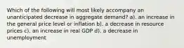 Which of the following will most likely accompany an unanticipated decrease in aggregate demand? a). an increase in the general price level or inflation b). a decrease in resource prices c). an increase in real GDP d). a decrease in unemployment