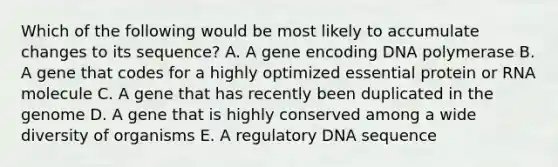 Which of the following would be most likely to accumulate changes to its sequence? A. A gene encoding DNA polymerase B. A gene that codes for a highly optimized essential protein or RNA molecule C. A gene that has recently been duplicated in the genome D. A gene that is highly conserved among a wide diversity of organisms E. A regulatory DNA sequence