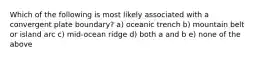 Which of the following is most likely associated with a convergent plate boundary? a) oceanic trench b) mountain belt or island arc c) mid-ocean ridge d) both a and b e) none of the above