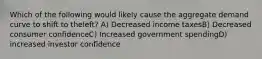 Which of the following would likely cause the aggregate demand curve to shift to theleft? A) Decreased income taxesB) Decreased consumer confidenceC) Increased government spendingD) increased investor confidence