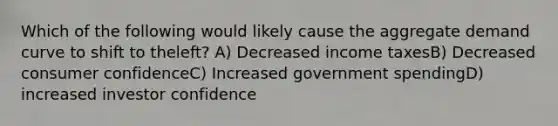 Which of the following would likely cause the aggregate demand curve to shift to theleft? A) Decreased income taxesB) Decreased consumer confidenceC) Increased government spendingD) increased investor confidence