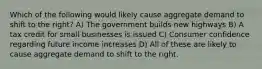 Which of the following would likely cause aggregate demand to shift to the right? A) The government builds new highways B) A tax credit for small businesses is issued C) Consumer confidence regarding future income increases D) All of these are likely to cause aggregate demand to shift to the right.