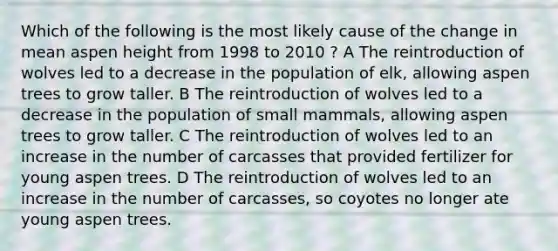 Which of the following is the most likely cause of the change in mean aspen height from 1998 to 2010 ? A The reintroduction of wolves led to a decrease in the population of elk, allowing aspen trees to grow taller. B The reintroduction of wolves led to a decrease in the population of small mammals, allowing aspen trees to grow taller. C The reintroduction of wolves led to an increase in the number of carcasses that provided fertilizer for young aspen trees. D The reintroduction of wolves led to an increase in the number of carcasses, so coyotes no longer ate young aspen trees.