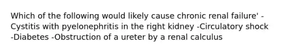 Which of the following would likely cause chronic renal failure' -Cystitis with pyelonephritis in the right kidney -Circulatory shock -Diabetes -Obstruction of a ureter by a renal calculus