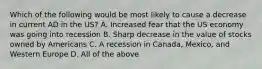 Which of the following would be most likely to cause a decrease in current AD in the US? A. Increased fear that the US economy was going into recession B. Sharp decrease in the value of stocks owned by Americans C. A recession in Canada, Mexico, and Western Europe D. All of the above