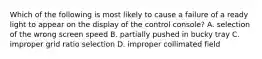 Which of the following is most likely to cause a failure of a ready light to appear on the display of the control console? A. selection of the wrong screen speed B. partially pushed in bucky tray C. improper grid ratio selection D. improper collimated field
