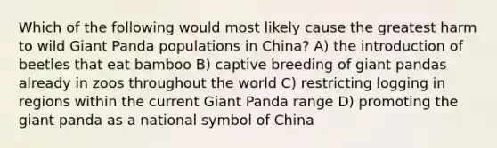 Which of the following would most likely cause the greatest harm to wild Giant Panda populations in China? A) the introduction of beetles that eat bamboo B) captive breeding of giant pandas already in zoos throughout the world C) restricting logging in regions within the current Giant Panda range D) promoting the giant panda as a national symbol of China