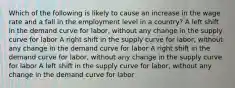 Which of the following is likely to cause an increase in the wage rate and a fall in the employment level in a country? A left shift in the demand curve for labor, without any change in the supply curve for labor A right shift in the supply curve for labor, without any change in the demand curve for labor A right shift in the demand curve for labor, without any change in the supply curve for labor A left shift in the supply curve for labor, without any change in the demand curve for labor