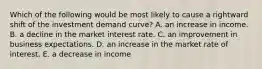 Which of the following would be most likely to cause a rightward shift of the investment demand curve? A. an increase in income. B. a decline in the market interest rate. C. an improvement in business expectations. D. an increase in the market rate of interest. E. a decrease in income