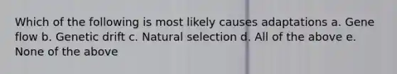 Which of the following is most likely causes adaptations a. Gene flow b. Genetic drift c. Natural selection d. All of the above e. None of the above