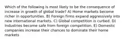 Which of the following is most likely to be the consequence of increase in growth of global trade? A) Home markets become richer in opportunities. B) Foreign firms expand aggressively into new international markets. C) Global competition is curbed. D) Industries become safe from foreign competition. E) Domestic companies increase their chances to dominate their home markets