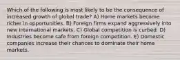 Which of the following is most likely to be the consequence of increased growth of global trade? A) Home markets become richer in opportunities. B) Foreign firms expand aggressively into new international markets. C) Global competition is curbed. D) Industries become safe from foreign competition. E) Domestic companies increase their chances to dominate their home markets.