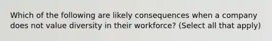 Which of the following are likely consequences when a company does not value diversity in their workforce? (Select all that apply)