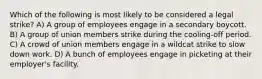 Which of the following is most likely to be considered a legal strike? A) A group of employees engage in a secondary boycott. B) A group of union members strike during the cooling-off period. C) A crowd of union members engage in a wildcat strike to slow down work. D) A bunch of employees engage in picketing at their employer's facility.