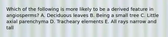 Which of the following is more likely to be a derived feature in angiosperms? A. Deciduous leaves B. Being a small tree C. Little axial parenchyma D. Tracheary elements E. All rays narrow and tall