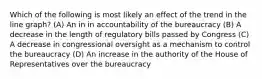 Which of the following is most likely an effect of the trend in the line graph? (A) An in in accountability of the bureaucracy (B) A decrease in the length of regulatory bills passed by Congress (C) A decrease in congressional oversight as a mechanism to control the bureaucracy (D) An increase in the authority of the House of Representatives over the bureaucracy