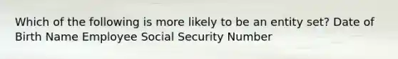 Which of the following is more likely to be an entity set? Date of Birth Name Employee Social Security Number