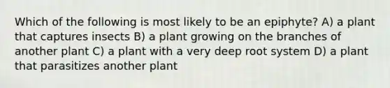 Which of the following is most likely to be an epiphyte? A) a plant that captures insects B) a plant growing on the branches of another plant C) a plant with a very deep root system D) a plant that parasitizes another plant