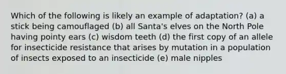 Which of the following is likely an example of adaptation? (a) a stick being camouflaged (b) all Santa's elves on the North Pole having pointy ears (c) wisdom teeth (d) the first copy of an allele for insecticide resistance that arises by mutation in a population of insects exposed to an insecticide (e) male nipples