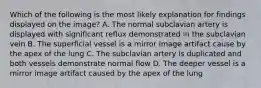 Which of the following is the most likely explanation for findings displayed on the image? A. The normal subclavian artery is displayed with significant reflux demonstrated in the subclavian vein B. The superficial vessel is a mirror image artifact cause by the apex of the lung C. The subclavian artery is duplicated and both vessels demonstrate normal flow D. The deeper vessel is a mirror image artifact caused by the apex of the lung