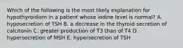 Which of the following is the most likely explanation for hypothyroidism in a patient whose iodine level is normal? A. hyposecretion of TSH B. a decrease in the thyroid secretion of calcitonin C. greater production of T3 than of T4 D. hypersecretion of MSH E. hypersecretion of TSH