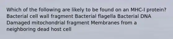 Which of the following are likely to be found on an MHC-I protein? Bacterial cell wall fragment Bacterial flagella Bacterial DNA Damaged mitochondrial fragment Membranes from a neighboring dead host cell